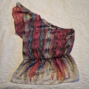 A.N.A. women's M Blue Pink Multi Off Shoulder One Sleeve Blouse Shirt